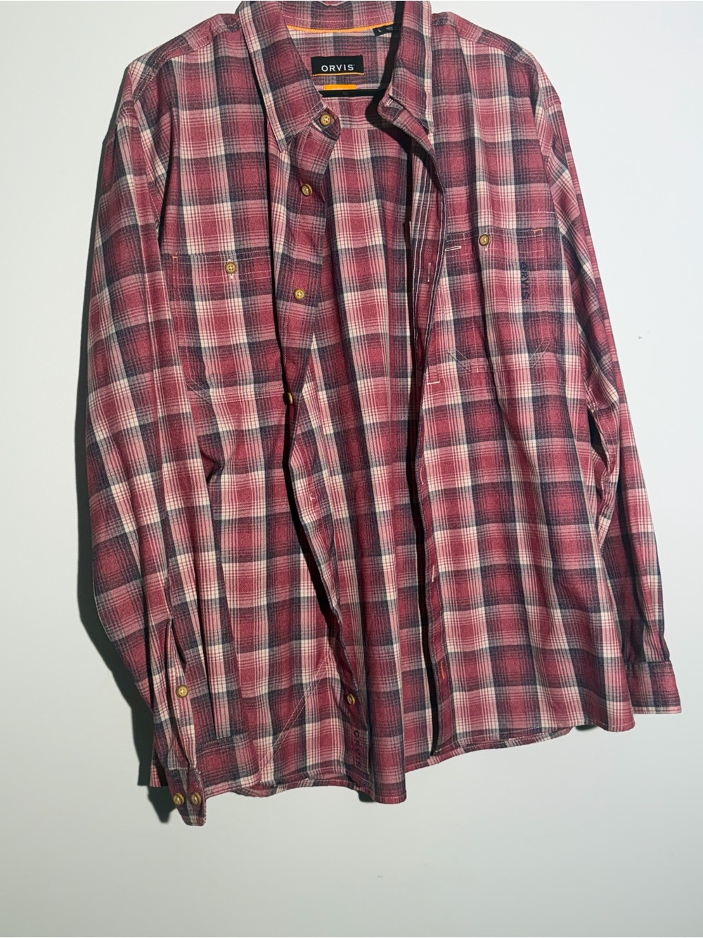 Orvis Red Plaid Nylon Active Fit Fishing Button Up Long Sleeve Mens Size L